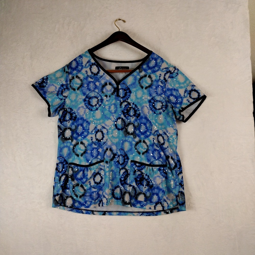 Koi Lite Womens Scrub Top XL Blue Tie Dye Silver Metallic Dot V-Neck Medical